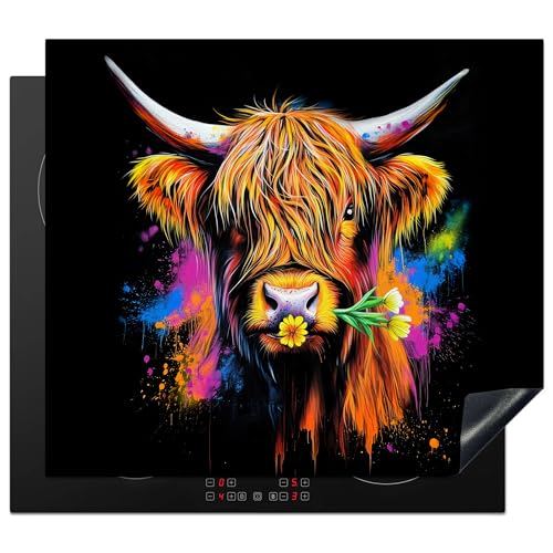 KitchenYeah© Herdabdeckplatte 59x52 cm Einteilig Ceranfeld Abdeckplatte Küche Deko Ceranfeldabdeckung Herdabdeckung Induktionsmatte Schottische Hochlandrind - Graffiti - Farbenfroh - Blume - Kuh von KitchenYeah