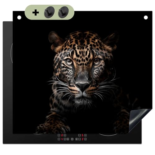 KitchenYeah© Herdabdeckplatte 59x52 cm Einteilig Induktionsmatte Küche Abdeckung Ceranfeld Herd Abdeckplatte Deko Vinyl Matte, Spritzschutz Küchenrückwand Leopard - Porträt - Schwarz - Tier von KitchenYeah