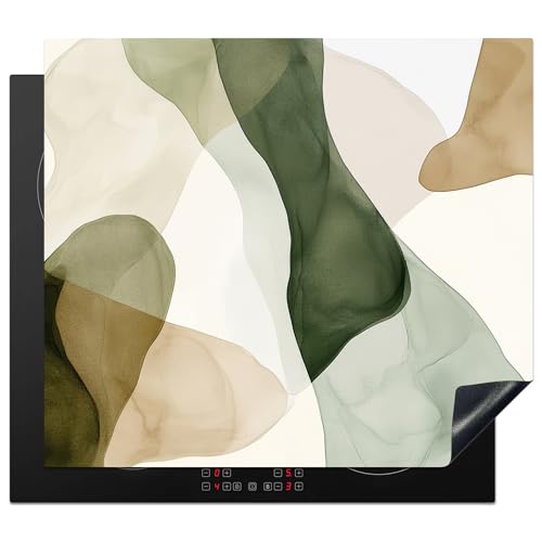 KitchenYeah© Herdabdeckplatte 59x52 cm Einteilig Induktionsmatte Küche Abdeckung Ceranfeld Herd Abdeckplatte Deko Vinyl Matte Aufrollbar Japandi - Abstrakt - Grün von KitchenYeah