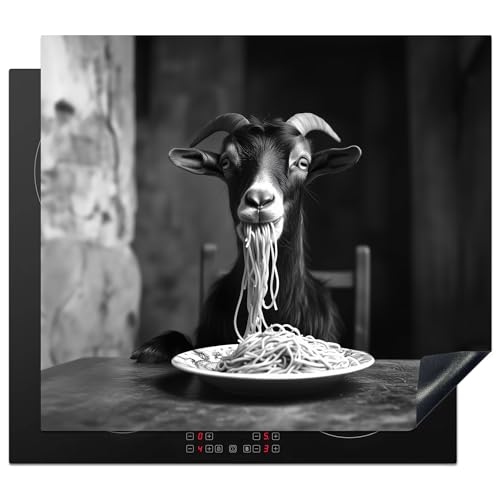 KitchenYeah© Herdabdeckplatte 59x52 cm Einteilig Induktionsmatte Küche Abdeckung Ceranfeld Herd Abdeckplatte Deko Vinyl Matte Aufrollbar Ziege - Teller - Spaghetti - Schwarz und Weiß von KitchenYeah