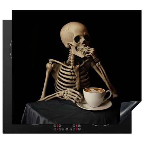 KitchenYeah© Herdabdeckplatte 59x52 cm Induktion Schutzmatte Küche Herdabdeckung Ceranfeld Induktionsmatte Cerankochfeld Abdeckung Skelett - Kaffee - Getränk - Schädel - Tisch von KitchenYeah