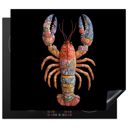 KitchenYeah© Herdabdeckplatte 60x52 cm Einteilig Abdeckplatten Cerankochfeld Abdeckung Ceranfeld Herdplattenabdeckung Induktionsmatte Hummer - Stickerei - Bunt - Blumen von KitchenYeah