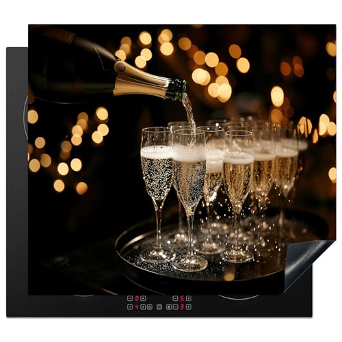 KitchenYeah© Herdabdeckplatte 60x52 cm Einteilig Abdeckplatten Cerankochfeld Abdeckung Ceranfeld Herdplattenabdeckung Induktionsmatte Lichter - Champagner - Tablett - Gläser von KitchenYeah