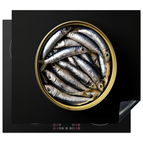 KitchenYeah© Herdabdeckplatte 60x52 cm Einteilig Abdeckplatten Cerankochfeld Abdeckung Ceranfeld Herdplattenabdeckung Induktionsmatte Sardinen - Fisch - Rund - Schwarz von KitchenYeah