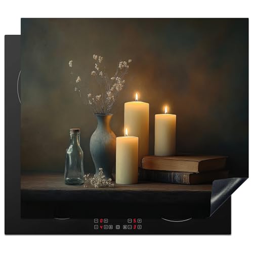 KitchenYeah© Herdabdeckplatte 60x52 cm Einteilig Ceranfeld Abdeckplatte Küche Deko Ceranfeldabdeckung Herdabdeckung Induktionsmatte Kerzen - Stilleben - Rustikal - Bücher von KitchenYeah