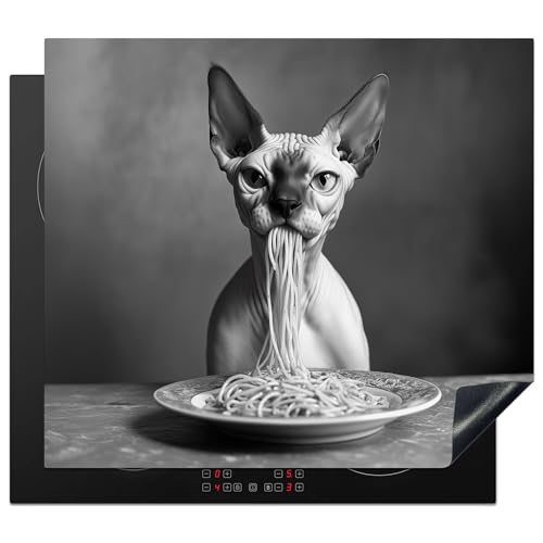 KitchenYeah© Herdabdeckplatte 60x52 cm Einteilig Ceranfeld Abdeckplatte Küche Deko Ceranfeldabdeckung Herdabdeckung Induktionsmatte Sphynx - Katze - Tiere - Humor - Spaghetti - Schwarz Weiß von KitchenYeah