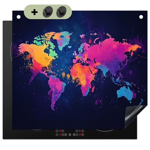 KitchenYeah© Herdabdeckplatte 60x52 cm Einteilig Ceranfeld Abdeckplatte für Induktionsschutz Ceranfeldabdeckung Vinyl Herdabdeckplatten, Spritzschutz Küche Weltkarte - Bunt - Graffiti von KitchenYeah