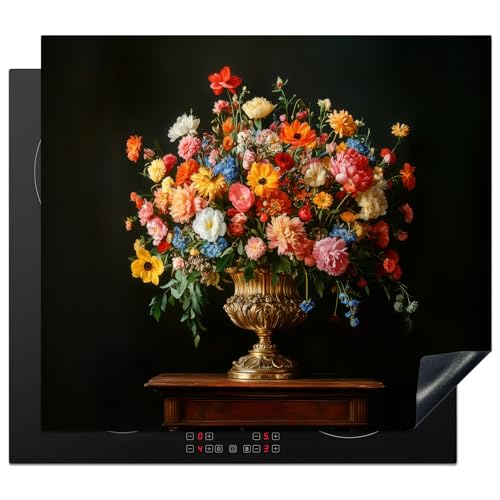 KitchenYeah© Herdabdeckplatte 60x52 cm Einteilig Induktionsmatte Küche Abdeckung Ceranfeld Herd Abdeckplatte Deko Vinyl Matte Aufrollbar Gold - Blumen - Vase von KitchenYeah