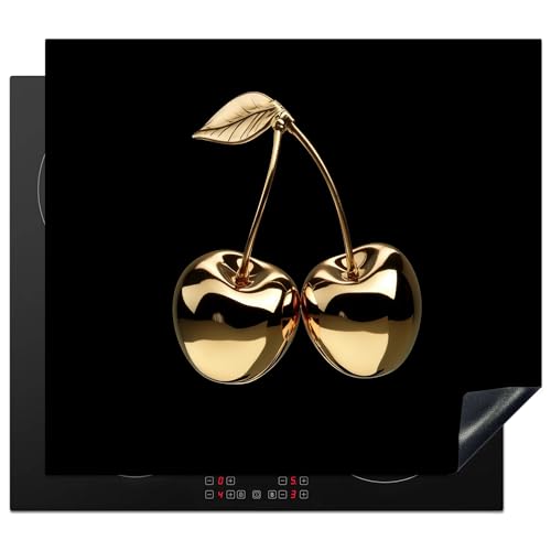 KitchenYeah© Herdabdeckplatte 60x52 cm Einteilig Induktionsmatte Küche Abdeckung Ceranfeld Herd Abdeckplatte Deko Vinyl Matte Aufrollbar Kirschen - Schwarz - Gold - Chrom von KitchenYeah
