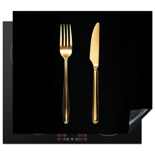 KitchenYeah© Herdabdeckplatte 60x52 cm Einteilig Küche Herdabdeckung Induktionsfeld Ceranfeld Herdabdeckplatten Vinyl Matte Aufrollbar Besteck - Gold - Messer - Gabel von KitchenYeah