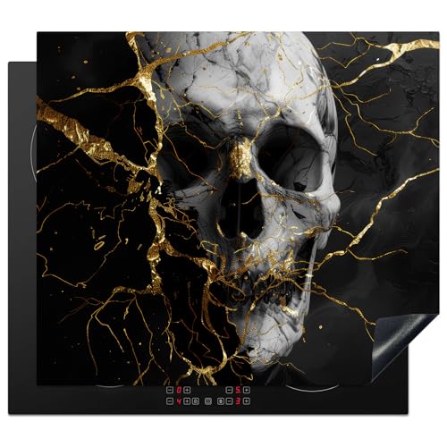 KitchenYeah© Herdabdeckplatte 60x52 cm Einteilig Küche Herdabdeckung Induktionsfeld Ceranfeld Herdabdeckplatten Vinyl Matte Aufrollbar Gold - Abstrakt - Schädel - Gruselig - Tod von KitchenYeah
