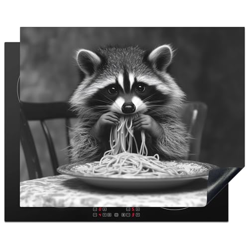 KitchenYeah© Herdabdeckplatte 65x52 cm Einteilig Abdeckplatten Cerankochfeld Abdeckung Ceranfeld Herdplattenabdeckung Induktionsmatte Waschbär - Niedlich - Pasta - Tischtuch - Schwarz - Weiß von KitchenYeah