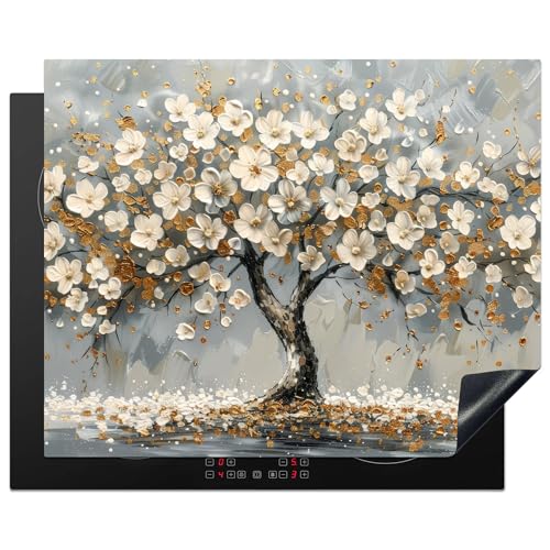 KitchenYeah© Herdabdeckplatte 65x52 cm Einteilig Ceranfeld Abdeckplatte Küche Deko Ceranfeldabdeckung Herdabdeckung Induktionsmatte Baum des Lebens - Gold - Weiß von KitchenYeah