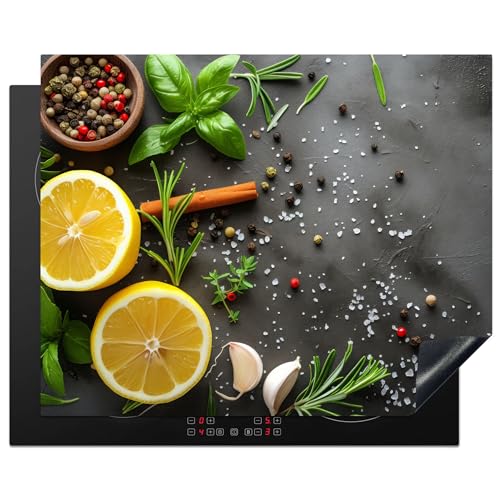 KitchenYeah© Herdabdeckplatte 65x52 cm Einteilig Ceranfeld Abdeckplatte Küche Deko Ceranfeldabdeckung Herdabdeckung Induktionsmatte Zitrone - Beton - Pfeffer - Kräuter - Obst von KitchenYeah