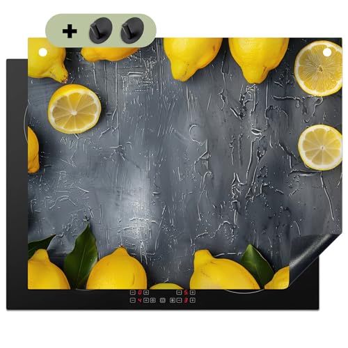 KitchenYeah© Herdabdeckplatte 65x52 cm Einteilig Ceranfeld Abdeckplatte für Induktionsschutz Ceranfeldabdeckung Vinyl Herdabdeckplatten, Spritzschutz Küche Beton - Zitrone - Grau - Gelb von KitchenYeah
