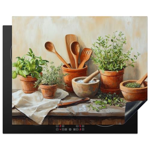 KitchenYeah© Herdabdeckplatte 65x52 cm Einteilig Ceranfeld Abdeckplatte für Induktionsschutz Ceranfeldabdeckung Vinyl Herdabdeckplatten Töpfe - Kräuter - Holz von KitchenYeah
