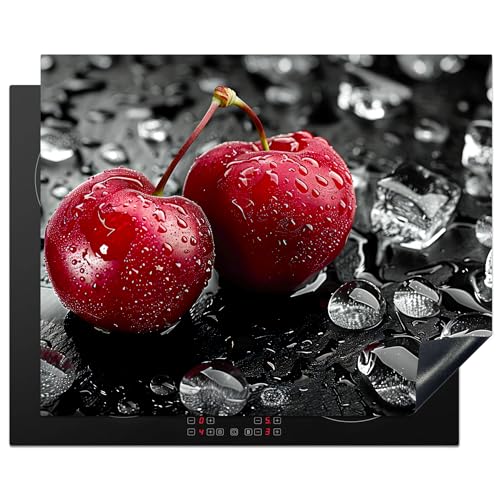 KitchenYeah© Herdabdeckplatte 65x52 cm Einteilig Herdabdeckung Abdeckplatte für Ceranfeld Abdeckung Induktionskochfeld Aufrollbare Matte Kirschen - Rot - Obst - Schwarz von KitchenYeah