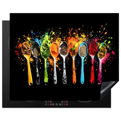 KitchenYeah© Herdabdeckplatte 65x52 cm Einteilig Herdabdeckung Abdeckplatte für Ceranfeld Abdeckung Induktionskochfeld Aufrollbare Matte Löffel - Gewürze - Modern - Graffiti - Farbenfroh von KitchenYeah