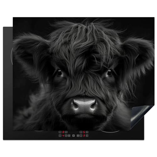 KitchenYeah© Herdabdeckplatte 65x52 cm Einteilig Induktionsmatte Küche Abdeckung Ceranfeld Herd Abdeckplatte Deko Vinyl Matte Aufrollbar Schottisches Hochlandrind - Schwarz - Kalb - Kuh von KitchenYeah