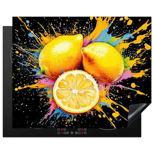 KitchenYeah© Herdabdeckplatte 65x52 cm Einteilig Induktionsmatte Küche Abdeckung Ceranfeld Herd Abdeckplatte Deko Vinyl Matte Aufrollbar Zitrone - Graffiti - Farbenfroh - Farbe - Modern von KitchenYeah