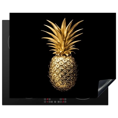 KitchenYeah© Herdabdeckplatte 65x52 cm Einteilig Küche Herdabdeckung Induktionsfeld Ceranfeld Herdabdeckplatten Vinyl Matte Aufrollbar Ananas - Schwarz - Gold - Luxe von KitchenYeah