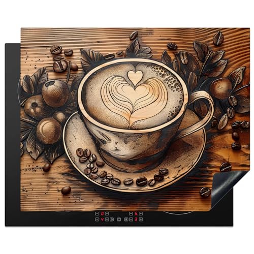 KitchenYeah© Herdabdeckplatte 65x52 cm Einteilig Küche Herdabdeckung Induktionsfeld Ceranfeld Herdabdeckplatten Vinyl Matte Aufrollbar Kaffee - Vintage - Braun - Tasse - Holz von KitchenYeah