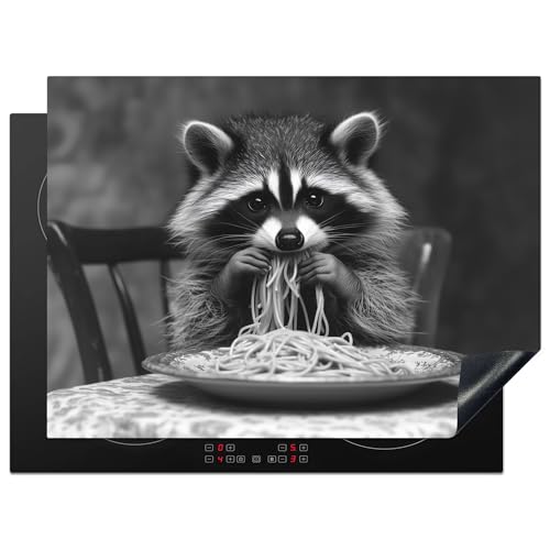 KitchenYeah© Herdabdeckplatte 70x52 cm Einteilig Abdeckplatten Cerankochfeld Abdeckung Ceranfeld Herdplattenabdeckung Induktionsmatte Waschbär - Niedlich - Pasta - Tischtuch - Schwarz - Weiß von KitchenYeah