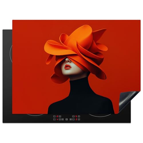 KitchenYeah© Herdabdeckplatte 70x52 cm Einteilig Induktionsmatte Küche Abdeckung Ceranfeld Herd Abdeckplatte Deko Vinyl Matte Aufrollbar Orange - Hut - Frau von KitchenYeah