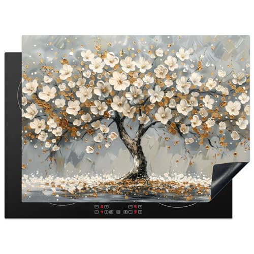 KitchenYeah© Herdabdeckplatte 71x52 cm Einteilig Ceranfeld Abdeckplatte Küche Deko Ceranfeldabdeckung Herdabdeckung Induktionsmatte Baum des Lebens - Gold - Weiß von KitchenYeah