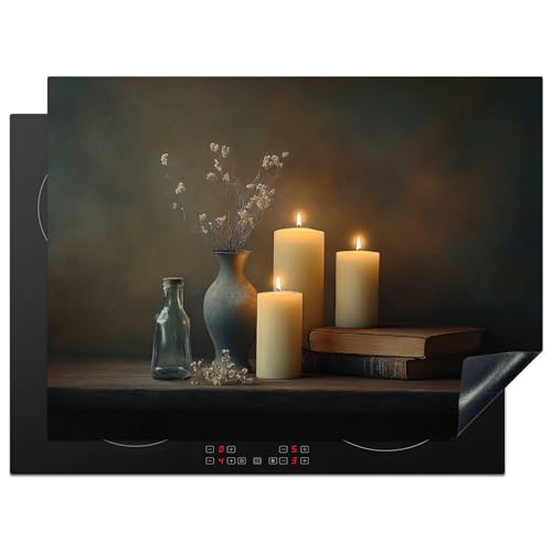 KitchenYeah© Herdabdeckplatte 71x52 cm Einteilig Ceranfeld Abdeckplatte Küche Deko Ceranfeldabdeckung Herdabdeckung Induktionsmatte Kerzen - Stilleben - Rustikal - Bücher von KitchenYeah