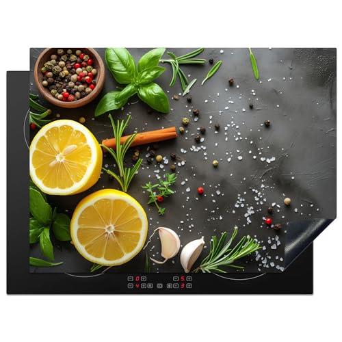 KitchenYeah© Herdabdeckplatte 71x52 cm Einteilig Ceranfeld Abdeckplatte Küche Deko Ceranfeldabdeckung Herdabdeckung Induktionsmatte Zitrone - Beton - Pfeffer - Kräuter - Obst von KitchenYeah