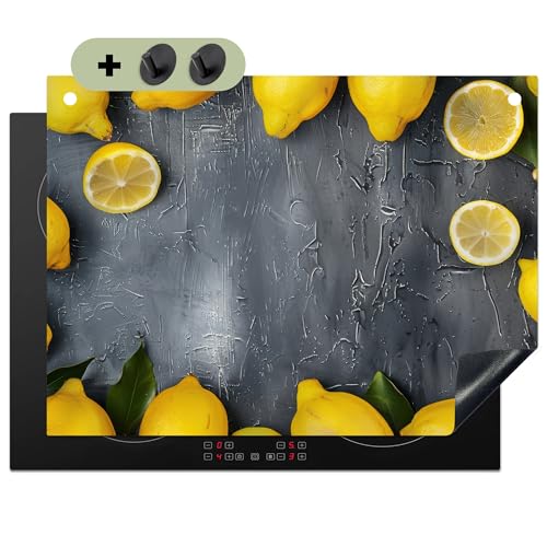 KitchenYeah© Herdabdeckplatte 71x52 cm Einteilig Ceranfeld Abdeckplatte für Induktionsschutz Ceranfeldabdeckung Vinyl Herdabdeckplatten, Spritzschutz Küche Beton - Zitrone - Grau - Gelb von KitchenYeah