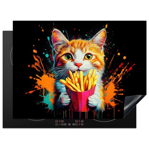 KitchenYeah© Herdabdeckplatte 71x52 cm Einteilig Ceranfeld Abdeckplatte für Induktionsschutz Ceranfeldabdeckung Vinyl Herdabdeckplatten Katze - Essen - Pommes - Graffiti - Abstrakt von KitchenYeah