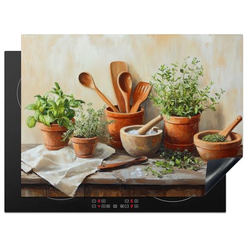KitchenYeah© Herdabdeckplatte 71x52 cm Einteilig Ceranfeld Abdeckplatte für Induktionsschutz Ceranfeldabdeckung Vinyl Herdabdeckplatten Töpfe - Kräuter - Holz von KitchenYeah
