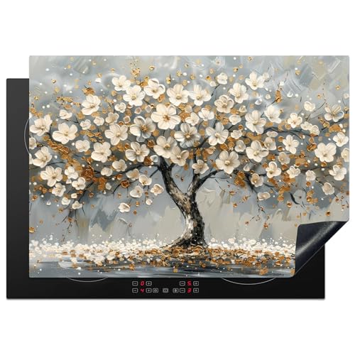 KitchenYeah© Herdabdeckplatte 75x52 cm Einteilig Ceranfeld Abdeckplatte Küche Deko Ceranfeldabdeckung Herdabdeckung Induktionsmatte Baum des Lebens - Gold - Weiß von KitchenYeah