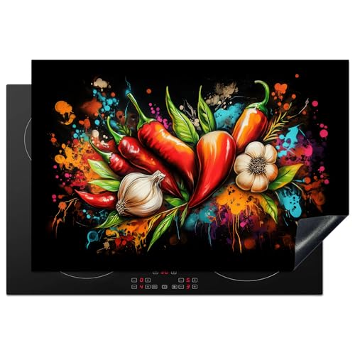 KitchenYeah© Herdabdeckplatte 77x51 cm Einteilig Abdeckplatten Cerankochfeld Abdeckung Ceranfeld Herdplattenabdeckung Induktionsmatte Gemüse - Paprika - Knoblauch - Graffiti - Farbe - Bunt von KitchenYeah