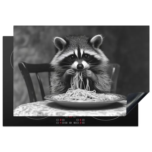 KitchenYeah© Herdabdeckplatte 77x51 cm Einteilig Abdeckplatten Cerankochfeld Abdeckung Ceranfeld Herdplattenabdeckung Induktionsmatte Waschbär - Niedlich - Pasta - Tischtuch - Schwarz - Weiß von KitchenYeah