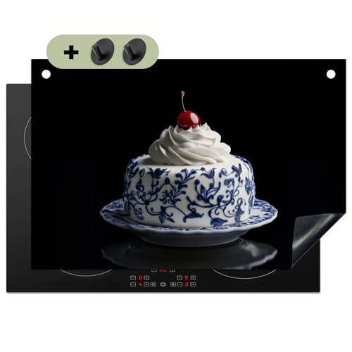 KitchenYeah© Herdabdeckplatte 77x51 cm Einteilig Ceranfeld Abdeckplatte Küche Deko Ceranfeldabdeckung Herdabdeckung Induktionsmatte, Spritzschutz Herd Torte - Schlagsahne - Teller - Delfter Blau von KitchenYeah