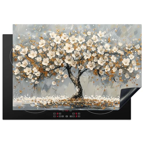 KitchenYeah© Herdabdeckplatte 77x51 cm Einteilig Ceranfeld Abdeckplatte Küche Deko Ceranfeldabdeckung Herdabdeckung Induktionsmatte Baum des Lebens - Gold - Weiß von KitchenYeah