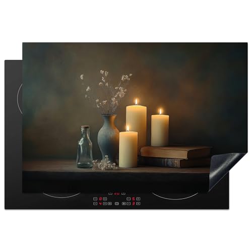KitchenYeah© Herdabdeckplatte 77x51 cm Einteilig Ceranfeld Abdeckplatte Küche Deko Ceranfeldabdeckung Herdabdeckung Induktionsmatte Kerzen - Stilleben - Rustikal - Bücher von KitchenYeah