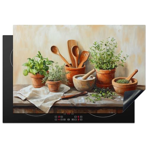KitchenYeah© Herdabdeckplatte 77x51 cm Einteilig Ceranfeld Abdeckplatte für Induktionsschutz Ceranfeldabdeckung Vinyl Herdabdeckplatten Töpfe - Kräuter - Holz von KitchenYeah