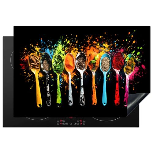 KitchenYeah© Herdabdeckplatte 77x51 cm Einteilig Herdabdeckung Abdeckplatte für Ceranfeld Abdeckung Induktionskochfeld Aufrollbare Matte Löffel - Gewürze - Modern - Graffiti - Farbenfroh von KitchenYeah