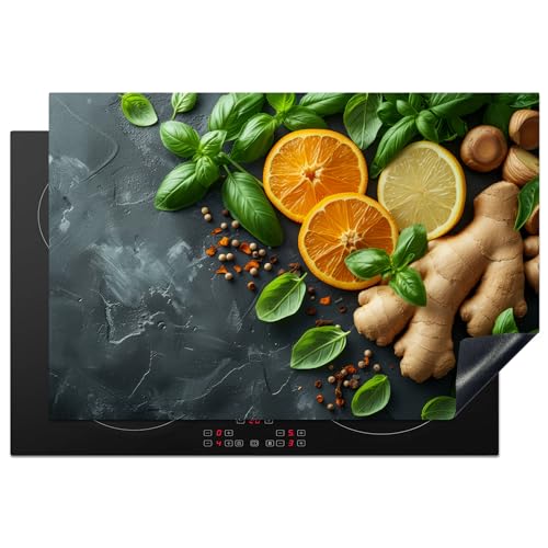 KitchenYeah© Herdabdeckplatte 77x51 cm Einteilig Induktionsmatte Küche Abdeckung Ceranfeld Herd Abdeckplatte Deko Vinyl Matte Aufrollbar Kräuter - Obst - Beton - Ingwer - Blätter von KitchenYeah
