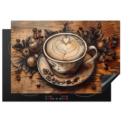 KitchenYeah© Herdabdeckplatte 77x51 cm Einteilig Küche Herdabdeckung Induktionsfeld Ceranfeld Herdabdeckplatten Vinyl Matte Aufrollbar Kaffee - Vintage - Braun - Tasse - Holz von KitchenYeah