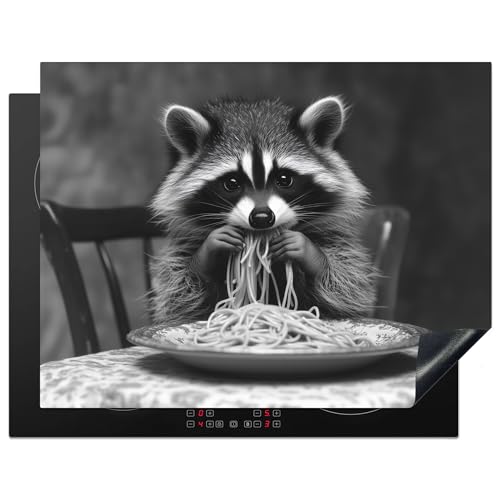 KitchenYeah© Herdabdeckplatte 77x59 cm Einteilig Abdeckplatten Cerankochfeld Abdeckung Ceranfeld Herdplattenabdeckung Induktionsmatte Waschbär - Niedlich - Pasta - Tischtuch - Schwarz - Weiß von KitchenYeah