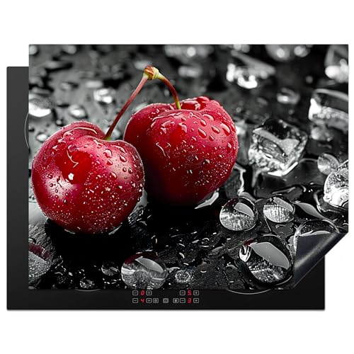 KitchenYeah© Herdabdeckplatte 77x59 cm Einteilig Herdabdeckung Abdeckplatte für Ceranfeld Abdeckung Induktionskochfeld Aufrollbare Matte Kirschen - Rot - Obst - Schwarz von KitchenYeah