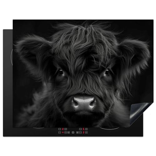 KitchenYeah© Herdabdeckplatte 77x59 cm Einteilig Induktionsmatte Küche Abdeckung Ceranfeld Herd Abdeckplatte Deko Vinyl Matte Aufrollbar Schottisches Hochlandrind - Schwarz - Kalb - Kuh von KitchenYeah