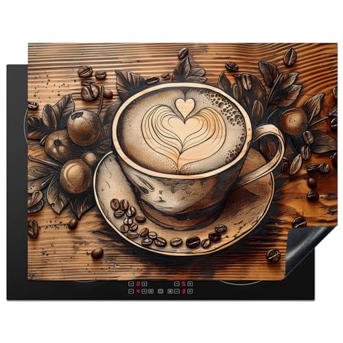 KitchenYeah© Herdabdeckplatte 77x59 cm Einteilig Küche Herdabdeckung Induktionsfeld Ceranfeld Herdabdeckplatten Vinyl Matte Aufrollbar Kaffee - Vintage - Braun - Tasse - Holz von KitchenYeah
