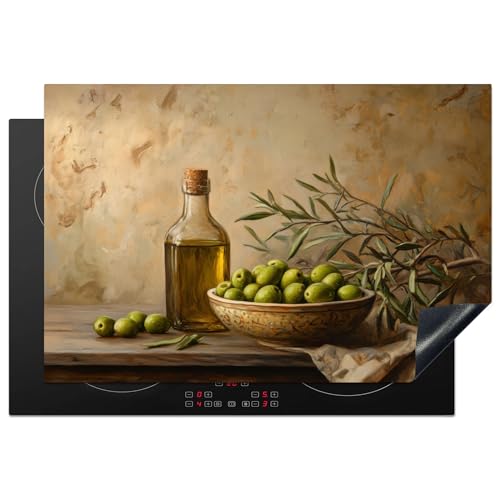 KitchenYeah© Herdabdeckplatte 78x52 cm Einteilig Induktionsmatte Küche Abdeckung Ceranfeld Herd Abdeckplatte Deko Vinyl Matte Aufrollbar Oliven - Stillleben - Weinlese von KitchenYeah