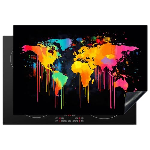 KitchenYeah© Herdabdeckplatte 78x52 cm Einteilig Induktionsmatte Küche Abdeckung Ceranfeld Herd Abdeckplatte Deko Vinyl Matte Aufrollbar Weltkarte - Farbe - Bunt - Graffiti - Welt von KitchenYeah